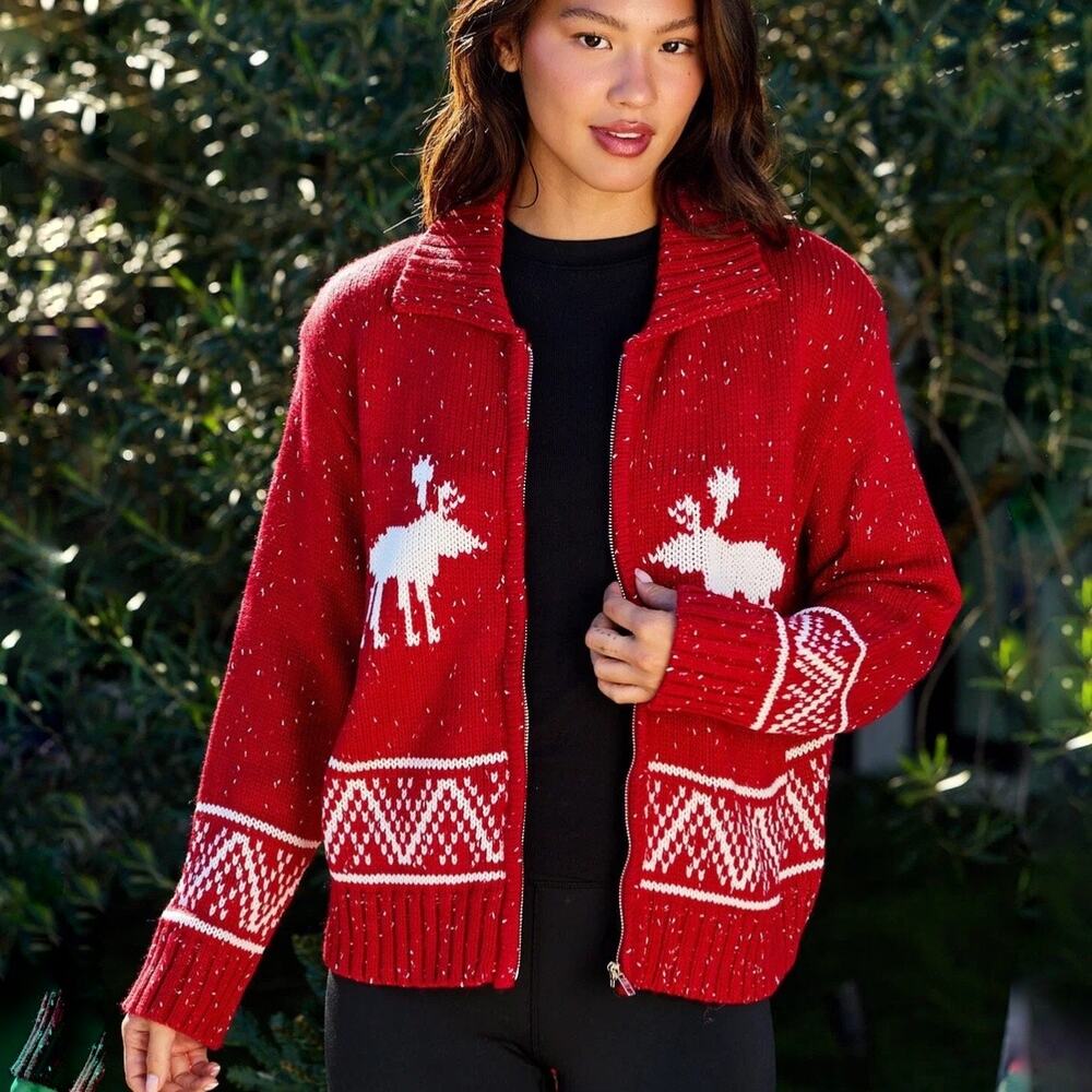 Magnolia Boutique Red White Moose Aztec Zip Sweater Cardigan Sz S NWOT